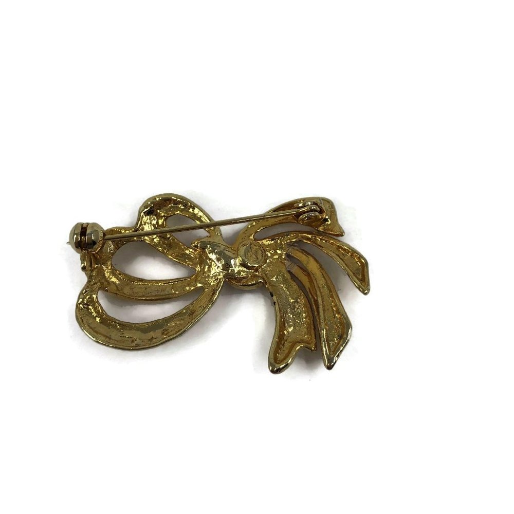 Gold Tone Ribbon Brooch with Rhinestones - Picture 4 of 6